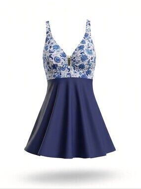 Arolina Swim Dress Bathing Suit Plus 22W Navy Blue White Floral Modest Feminine